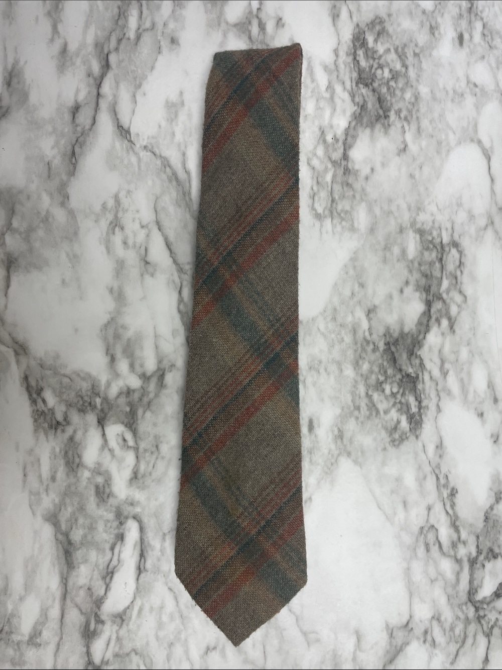 Brown Plaid Wool Tie with Green and Rust Stripe Accents